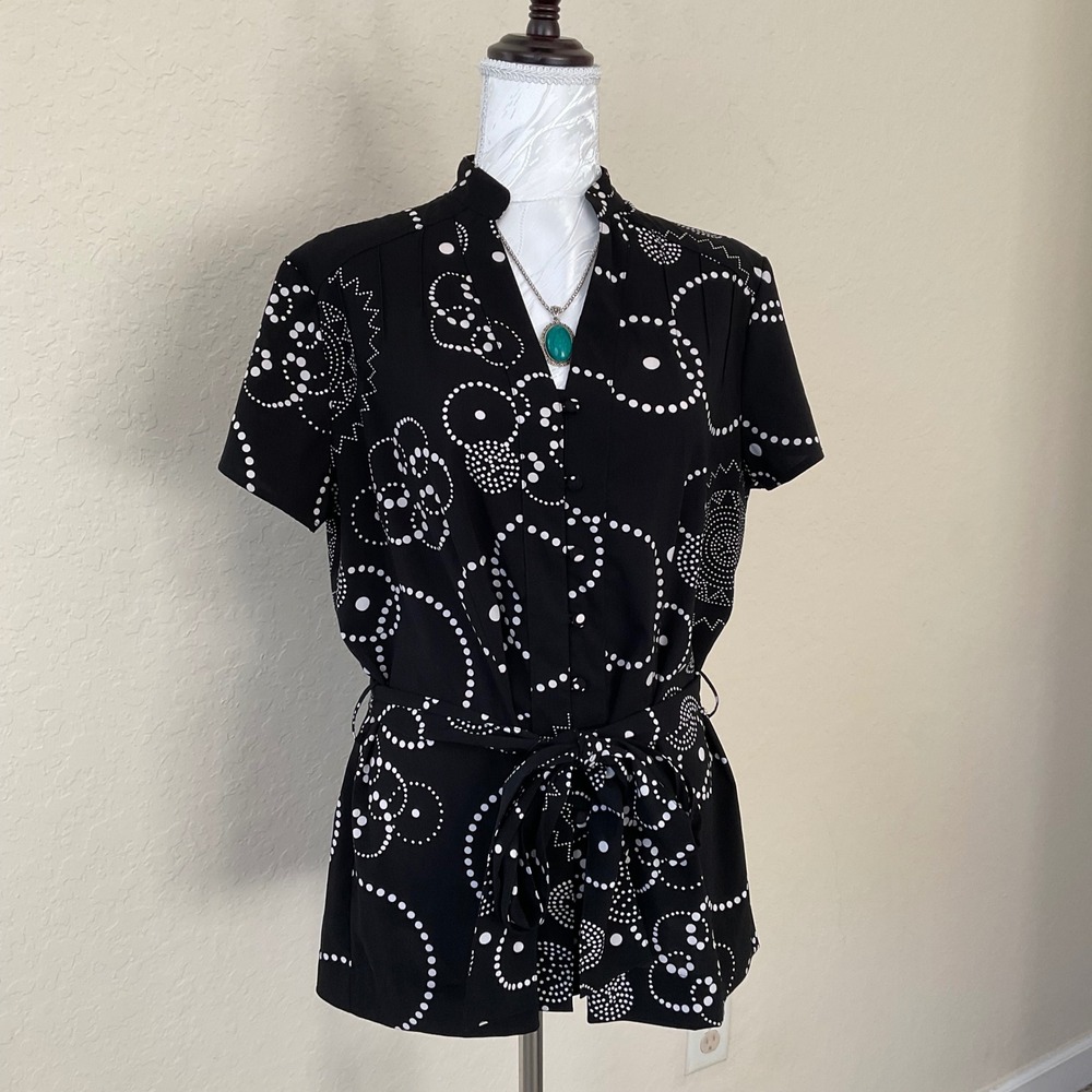 Millenium Tie Front Blouse 14 Black White Boho Cottagecore Casual Chic